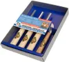 A set of carving tools in a blue box with a label. Produktbild-Vorschau
