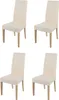 Four beige upholstered dining chairs with natural wood legs are arranged in a grid formation against a white background. Voir les images du produit