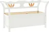 A white storage bench with a wooden lid and decorative wooden elements on the backrest. Náhled obrázku produktu