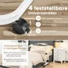 A split image showing a close-up of a wheel and a lifestyle shot of a table in a bedroom. Produktbild-Vorschau