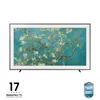 A Samsung The Frame TV displaying a painting of a flowering tree, with marketing text and a badge at the bottom. Produktbild-Vorschau