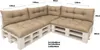 A sectional sofa made of white wooden pallets with beige cushions, shown outdoors with dimensions labeled. Anteprima dell’immagine prodotto