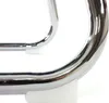 Close-up of the base of a chrome chair frame with white plastic feet. Náhled obrázku produktu