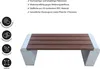 A garden bench with wooden slats and granite-like supports, with feature icons and text descriptions on the left. Produktbild-Vorschau