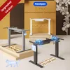 A collage of images showcasing different aspects of an adjustable desk frame, with text overlays highlighting features and specifications. Voir les images du produit