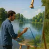A man painting a landscape by a lake. Produktbild-Vorschau