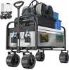 A black folding wagon loaded with luggage, water bottles, and magazines, shown on a white background.