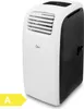 A white and black portable air conditioner on a white background with an energy efficiency rating label. Produktbild-Vorschau