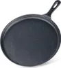 A black cast iron frying pan shown from the underside and side. Produktbild-Vorschau