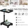 A collage showing a side table with wheels in different room settings and highlighting its features. Produktbild-Vorschau