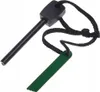 A black magnesium fire starter with a green scraping tool attached by a black cord. Náhled obrázku produktu