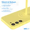 A yellow phone case is shown with text highlighting its features. Produktbild-Vorschau