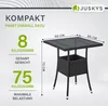 A diagram showing the dimensions and weight specifications of a black polyrattan outdoor table. Produktbild-Vorschau