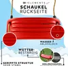 A red swing seat with various callouts highlighting its features. Produktbild-Vorschau