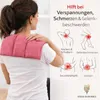 A woman is shown from the back wearing a red and white checkered heat pack on her shoulders. To the right, there are illustrations of body parts indicating pain relief. Produktbild-Vorschau