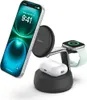 A white background with a charging station holding an iPhone, Apple Watch, and AirPods. Produktbild-Vorschau
