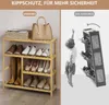 A comparison image showing a safe shoe rack on the left and a potentially unsafe shoe rack on the right, demonstrated by a child. Produktbild-Vorschau