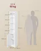 A diagram showing the dimensions of a tall, narrow white bookshelf, with silhouettes of two people to indicate scale. Náhled obrázku produktu