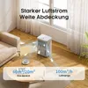 A white dehumidifier is shown in a living room setting with arrows indicating airflow. Text overlays provide product specifications. Podgląd zdjęcia produktu