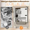 A collage showing a messy bathroom counter on the left and an organized bathroom cabinet on the right, demonstrating the product's storage capabilities. Produktbild-Vorschau