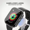 A smartwatch with a protective case is shown connected to a wireless charger. Produktbild-Vorschau