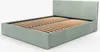 A mint-colored upholstered bed frame with a slatted base, shown from a diagonal angle against a white background. Produktbild-Vorschau