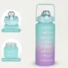 Verlauf blaue bis lila Wasserflasche mit Zeitmarkierungen und motivierenden Sprüchen, mit Nahaufnahmen ihrer großen Ausgießöffnung und weiten Öffnung Voir les images du produit