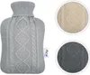 A hot water bottle with a knitted cover, shown with close-up insets of two other color options. Produktbild-Vorschau