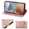 A collage of images showing a rose gold flip case for a ZTE Blade A34 phone, with close-ups of the case's details. Produktbild-Vorschau