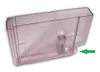 A clear plastic water tank for a coffee machine, with a green arrow pointing to the lower right corner. Produktbild-Vorschau