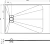 Technical drawing of a rectangular shower tray with dimensions and drain details. Produktbild-Vorschau
