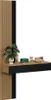 A modern vanity table with a wooden top and black drawer, mounted on a slatted wall panel. A plant and some cosmetic items are on the table. Produktbild-Vorschau