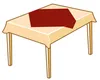 A table covered with a beige tablecloth and a red table runner. Produktbild-Vorschau