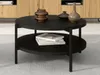 A round, two-tiered black coffee table with decorative vases and books on it, placed on a light gray rug in a living room setting. Produktbild-Vorschau