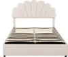 A beige upholstered bed frame with a slatted base, shown from the front against a white background. Produktbild-Vorschau