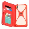 A red wallet-style phone case with a clear phone bumper is shown open against a white background. Produktbild-Vorschau