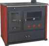 A front view of a red and black wood-burning stove with a glass oven door and stovetop. Náhled obrázku produktu