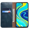 A blue flip wallet phone case with cards and money inserted, next to a smartphone displaying a colorful wallpaper. Produktbild-Vorschau