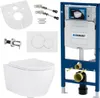 A collection of bathroom fixtures and installation components, including a wall-hung toilet, a concealed cistern frame, a flush plate, and various plumbing accessories, arranged on a white background. Produktbild-Vorschau
