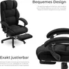 A collage of images showing a black office chair with a footrest, highlighting its design and adjustability. Náhled obrázku produktu