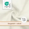 Close-up of a white fabric with a label and marketing text. Produktbild-Vorschau