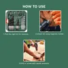 An instructional image showing how to use a drill bit set, with three steps illustrated. Produktbild-Vorschau