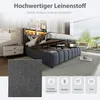 A bedroom scene featuring a bed with storage, showcasing its fabric and features. Produktbild-Vorschau