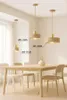 A dining room with a wooden table and chairs, illuminated by three pendant lights. Produktbild-Vorschau