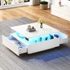A modern white coffee table with LED lighting and open drawers, placed on a grey rug in a living room setting. Voir les images du produit