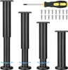 Four adjustable furniture legs and a screwdriver with screws are displayed on a white background. Produktbild-Vorschau
