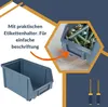 A marketing image showing storage boxes and screws, with text highlighting features. Produktbild-Vorschau