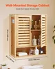A wooden wall-mounted storage cabinet is shown mounted on a wall, with dimensions indicated. Voir les images du produit