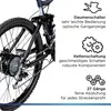 Close-up of the rear wheel and drivetrain of an electric mountain bike, with marketing text and icons describing features. Produktbild-Vorschau