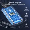 A close-up of a transparent battery pack with blue circuit board patterns and illuminated battery cells, alongside text detailing battery life and charging. Voir les images du produit